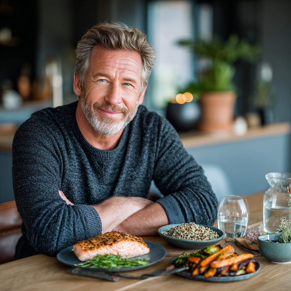 Confident middle-aged man around 50 years old with graying hair, sitting at a dining table with a balanced meal of grilled salmon, quinoa and roasted vegetables, natural lighting in a contemporary home setting