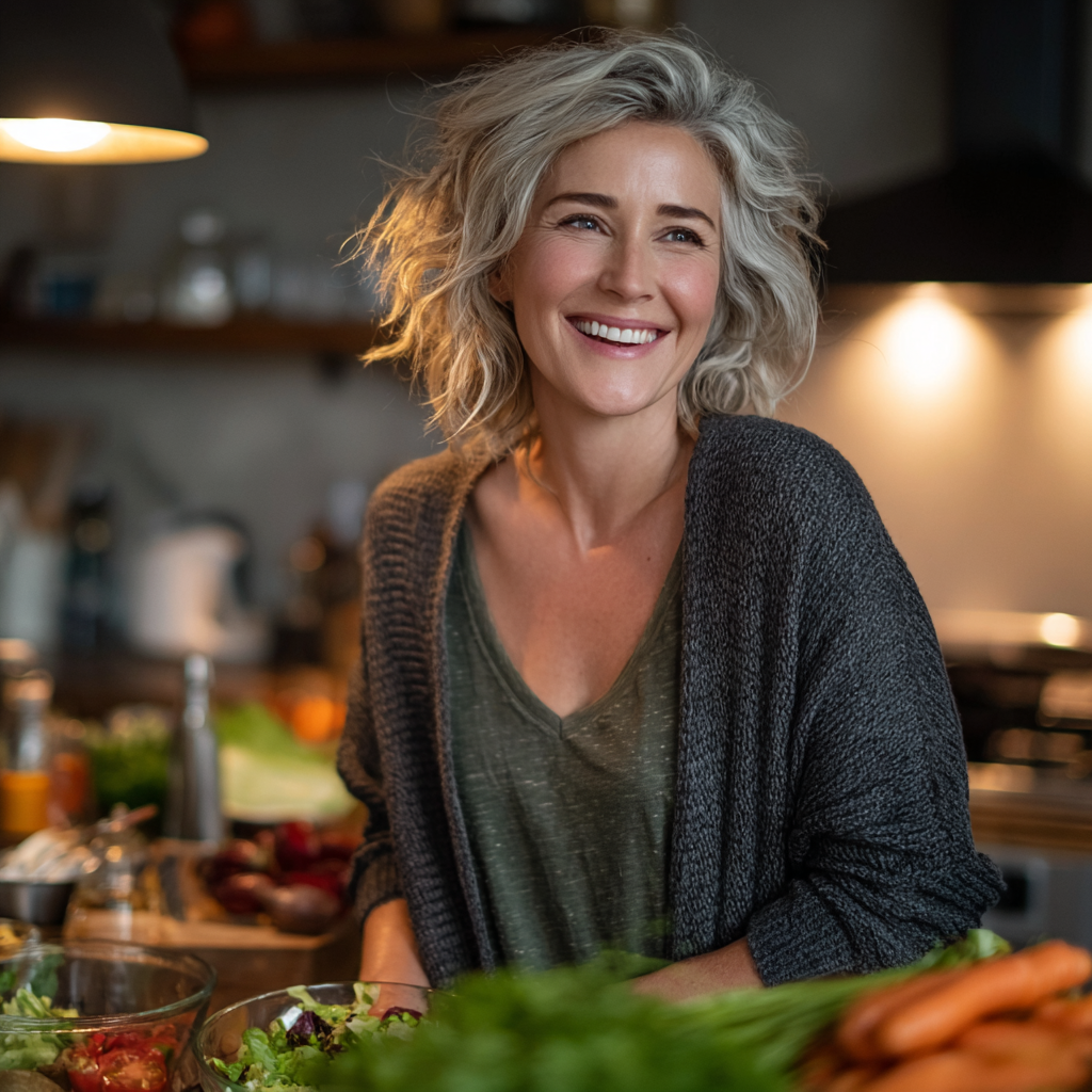 Smiling middle-aged woman in her late 40s wearing casual clothing, preparing a healthy salad in a modern kitchen with fresh vegetables visible on the counter